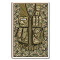 Framed veteran wall art featuring a camouflage tactical vest in green, tan, and brown tones