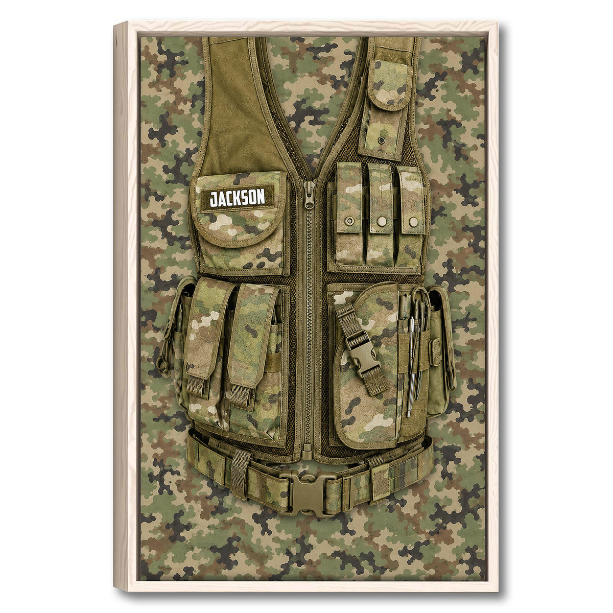 Framed veteran wall art featuring a camouflage tactical vest in green, tan, and brown tones