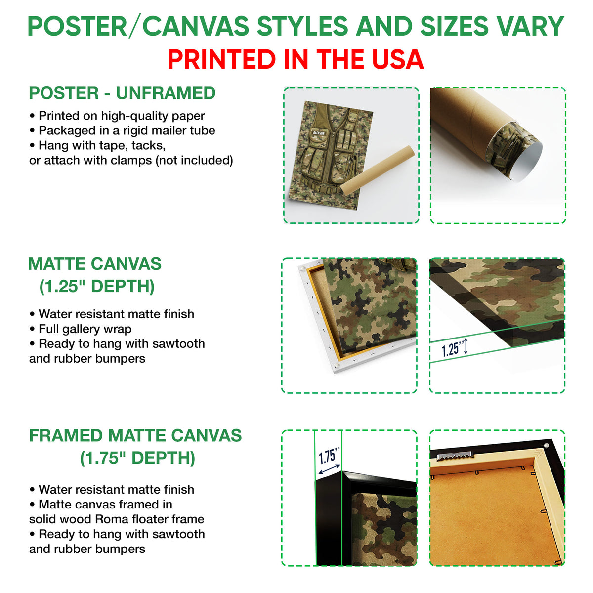 Poster and canvas wall art format guide showing a camouflage tactical vest design
