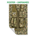 Unframed poster featuring detailed camouflage tactical gear in muted military colors