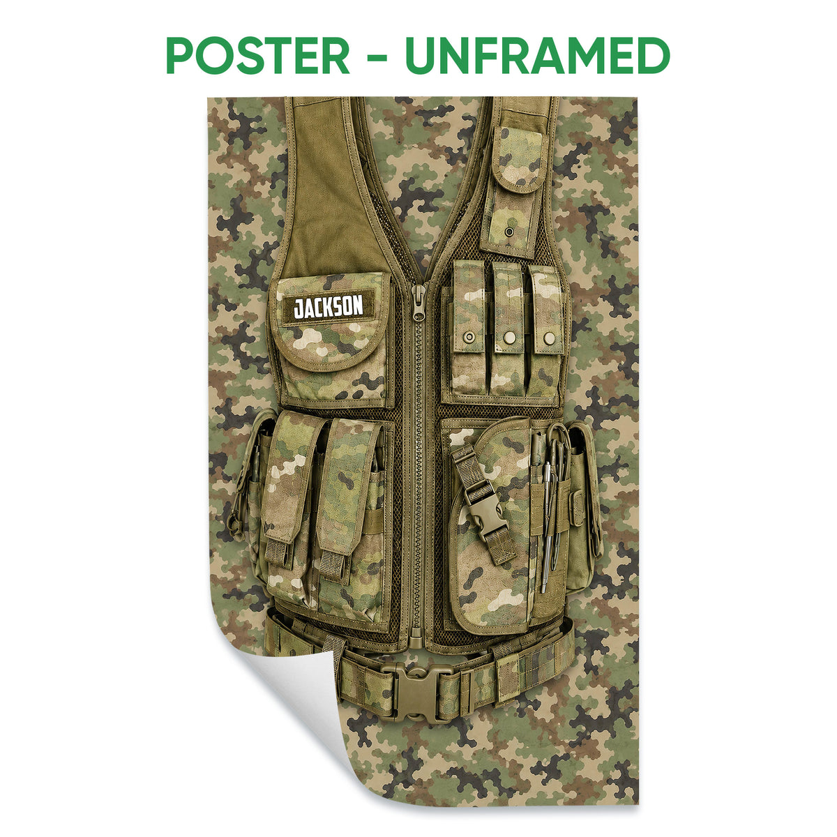 Unframed poster featuring detailed camouflage tactical gear in muted military colors