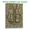 Matte canvas wall art featuring a camouflage tactical vest with detailed pouches and straps