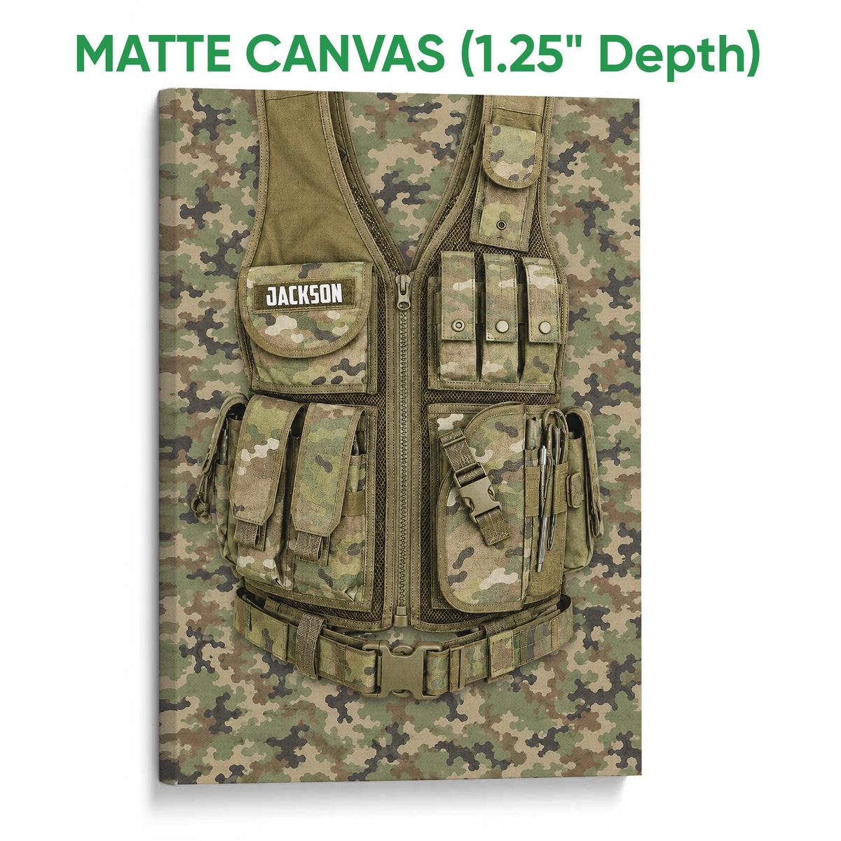 Matte canvas wall art featuring a camouflage tactical vest with detailed pouches and straps