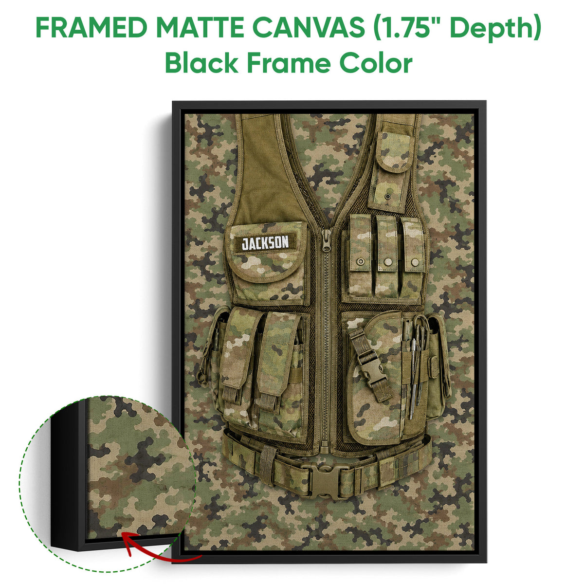 Black framed canvas wall art displaying a camouflage tactical vest with close-up fabric detail