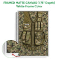 White framed canvas wall art featuring a camouflage tactical vest and matching close-up detail