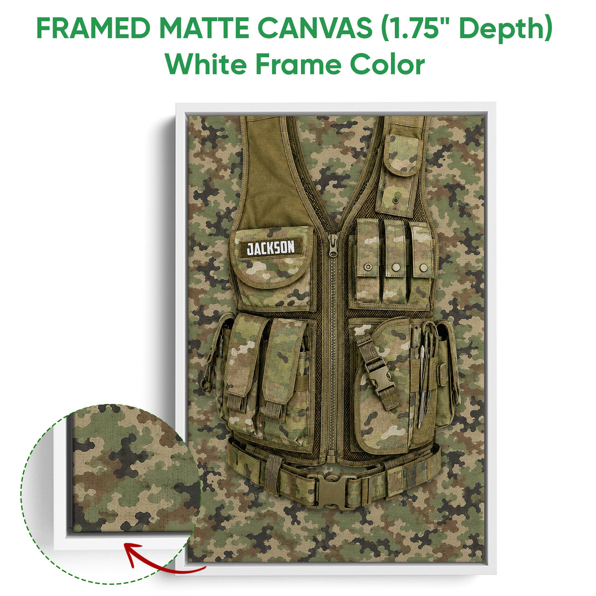 White framed canvas wall art featuring a camouflage tactical vest and matching close-up detail