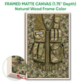 Natural wood framed veteran wall art showing a detailed camouflage tactical vest