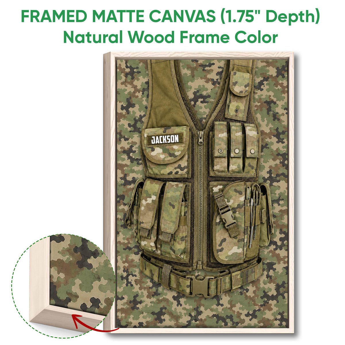 Natural wood framed veteran wall art showing a detailed camouflage tactical vest