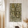 Framed camouflage tactical vest wall art displayed on a bright wood-paneled interior wall