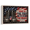 Patriotic veteran wall art featuring military boots, an American flag background, stars, and a tribute message