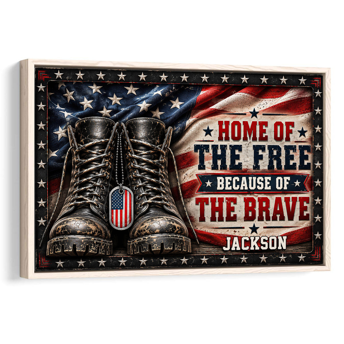 Patriotic veteran wall art featuring military boots, an American flag background, stars, and a tribute message