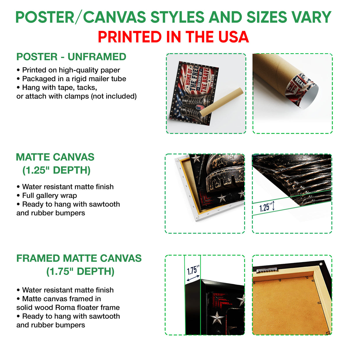 Poster, matte canvas, and framed canvas wall art format options for a patriotic veteran design