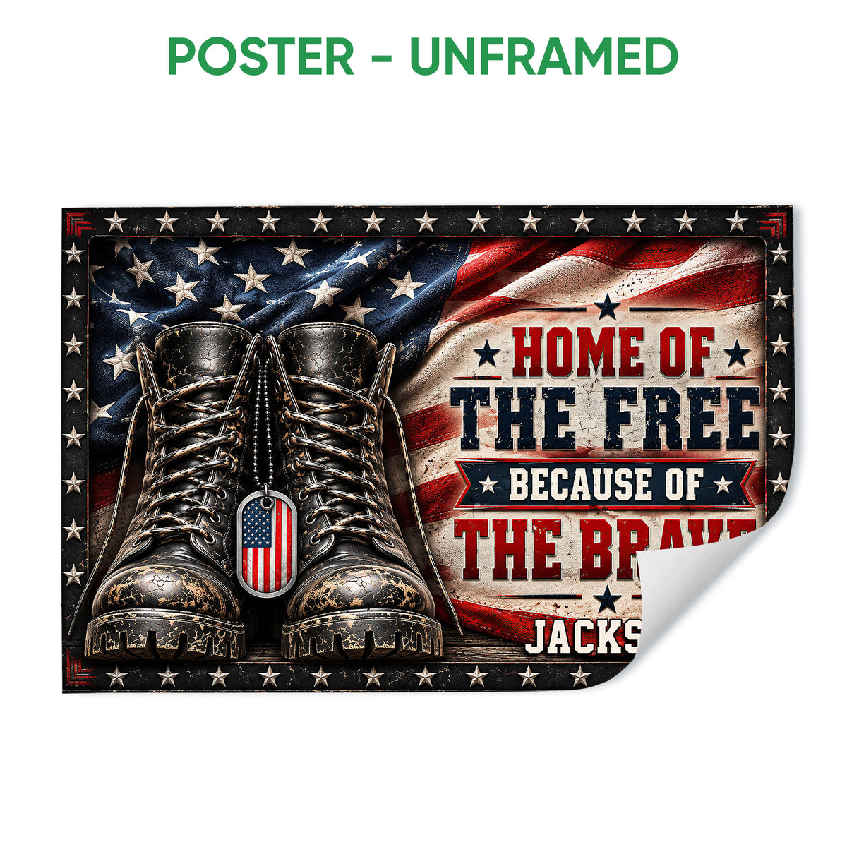 Unframed poster showing military boots, American flag colors, stars, and patriotic veteran artwork