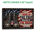 Matte canvas wall art featuring military boots and a distressed American flag design with patriotic lettering