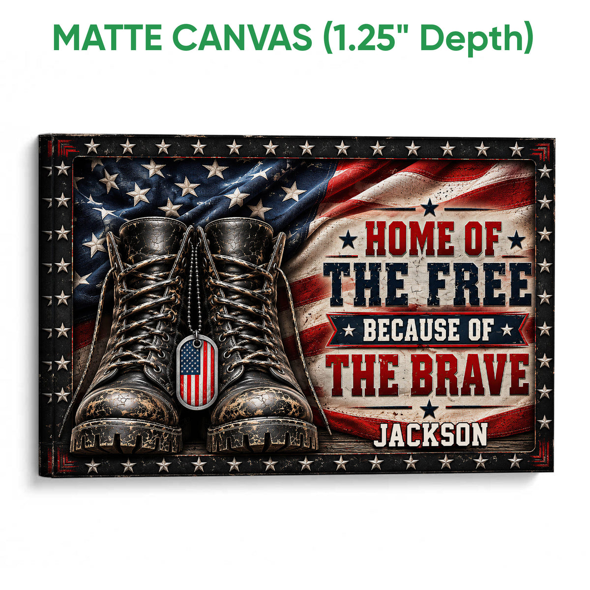 Matte canvas wall art featuring military boots and a distressed American flag design with patriotic lettering