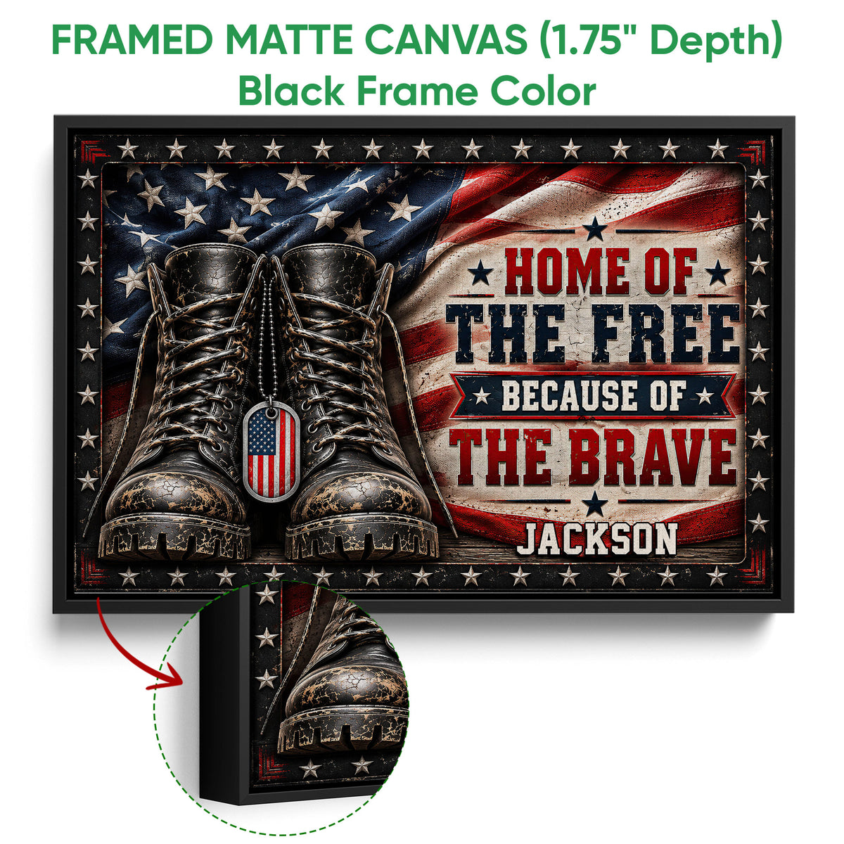 Framed veteran wall art shown with a black frame and a close-up view of the dimensional edge