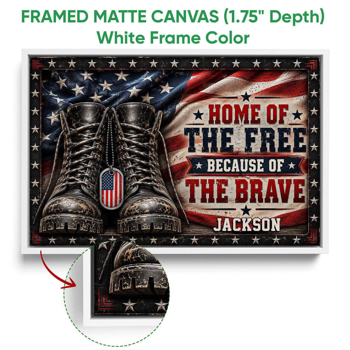 Framed veteran wall art shown with a white frame and a close-up view of the dimensional edge