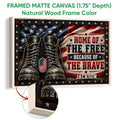 Framed veteran wall art shown with a natural wood frame and a close-up of the canvas edge