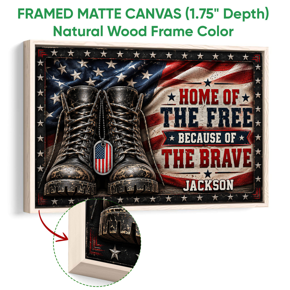 Framed veteran wall art shown with a natural wood frame and a close-up of the canvas edge