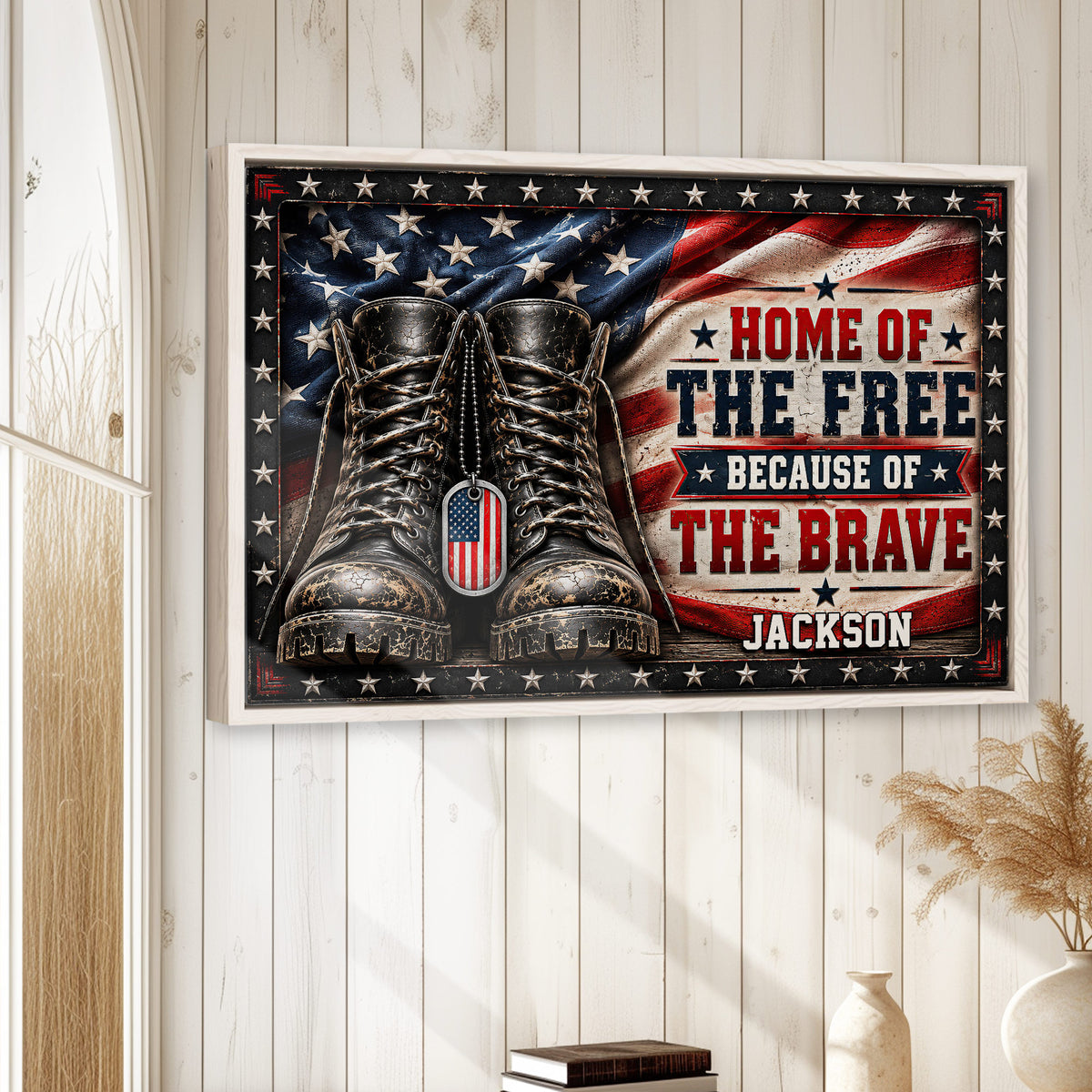 Patriotic veteran wall art displayed in a bright home with white wood paneling and natural wood framing