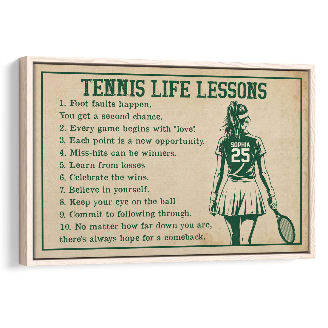 Framed tennis wall art featuring a female tennis player and inspirational tennis life lessons