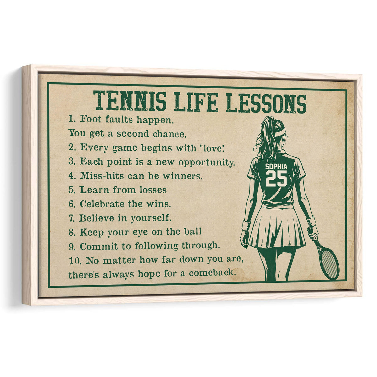 Framed tennis wall art featuring a female tennis player and inspirational tennis life lessons
