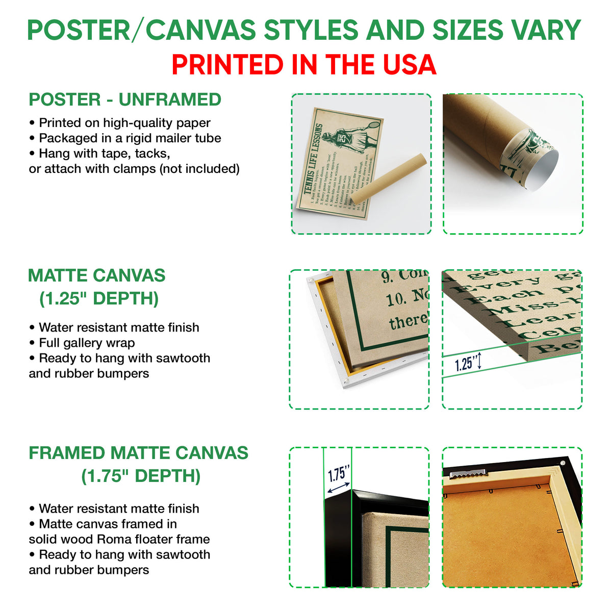 Poster and canvas wall art options guide showing unframed poster, canvas, and framed canvas formats