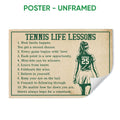 Unframed tennis poster with green typography, tennis life lessons, and a female player holding a racket