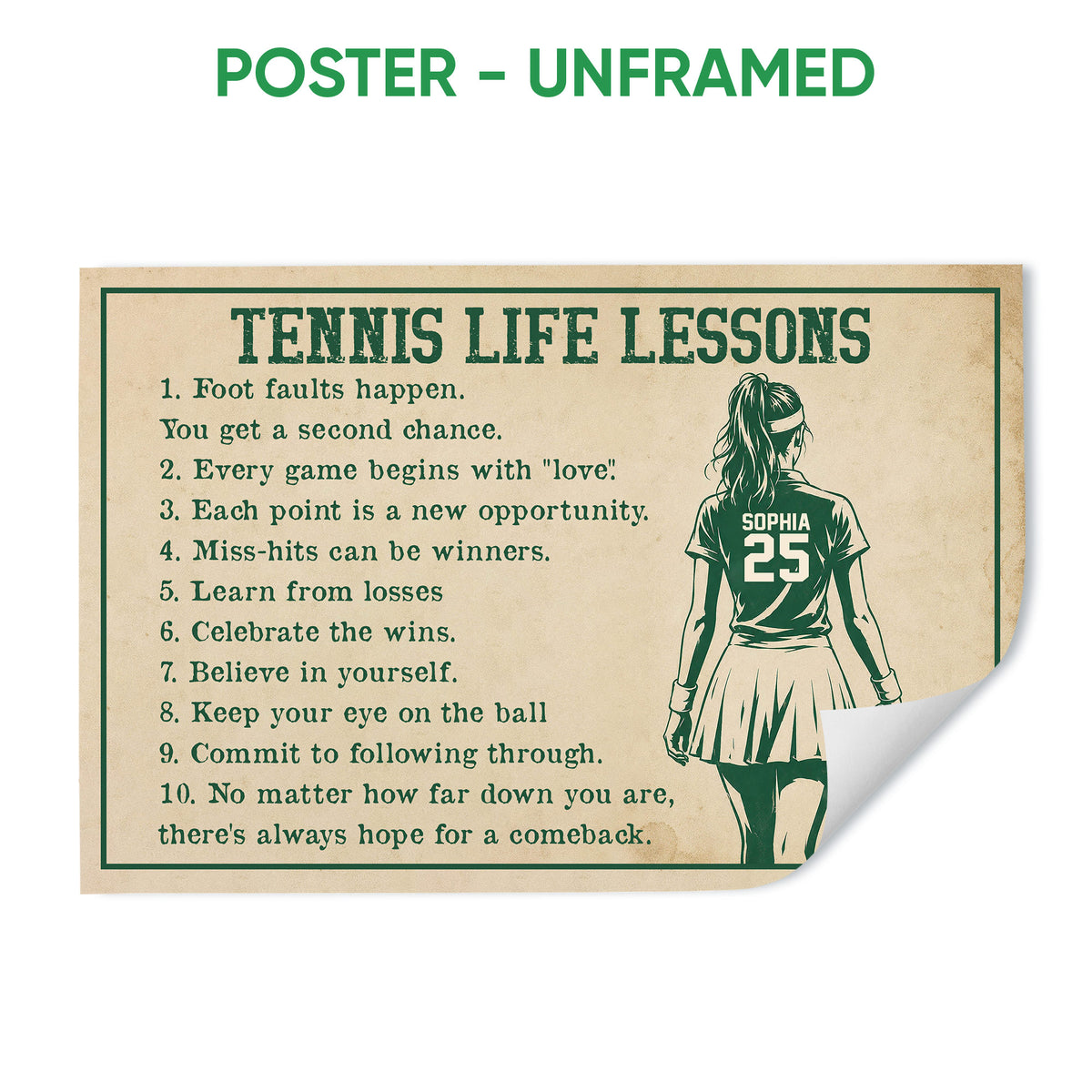 Unframed tennis poster with green typography, tennis life lessons, and a female player holding a racket