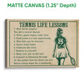 Matte canvas tennis wall art with green lettering, inspirational lessons, and a female tennis player