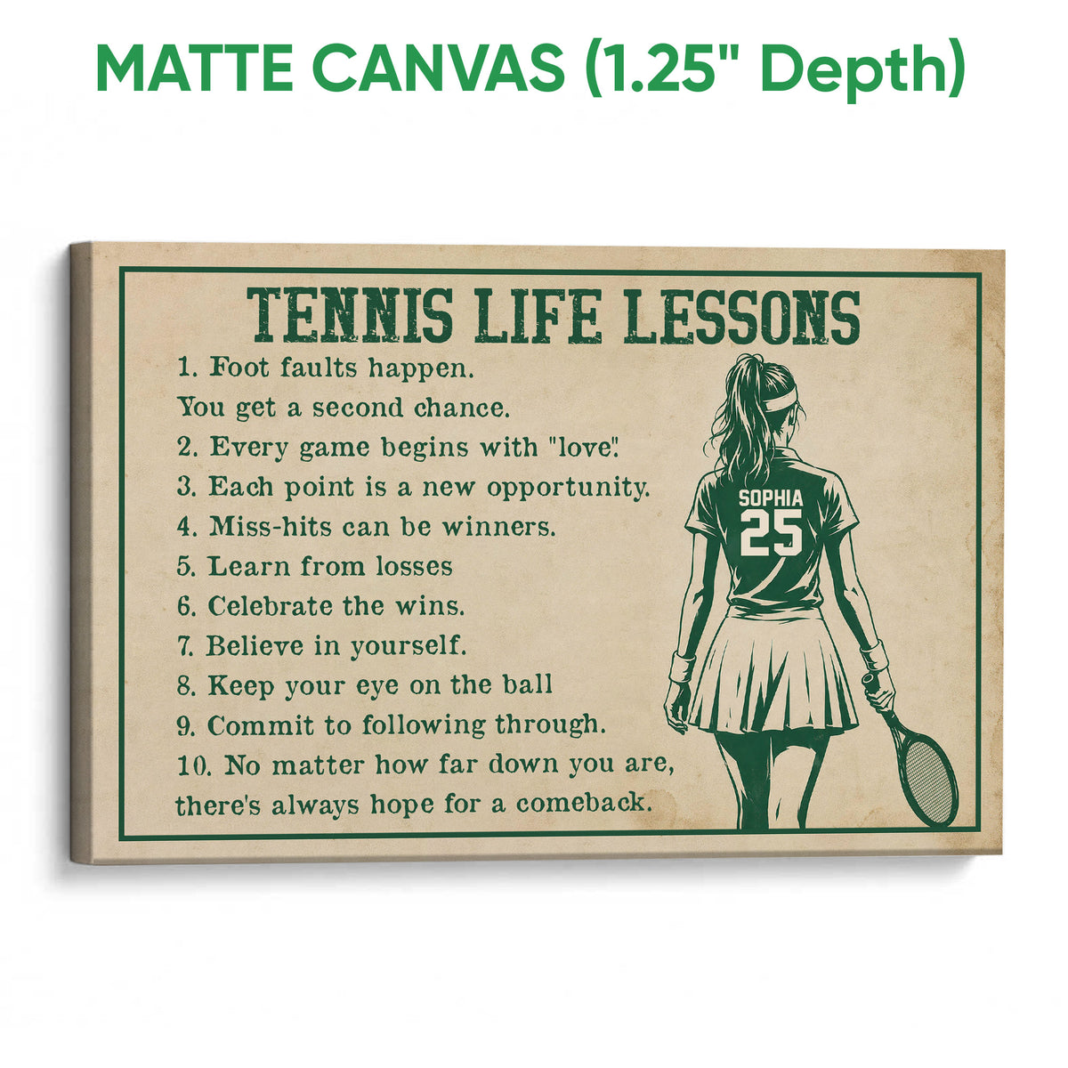 Matte canvas tennis wall art with green lettering, inspirational lessons, and a female tennis player