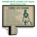 Black framed tennis canvas wall art with a vintage-inspired player illustration and motivational lessons