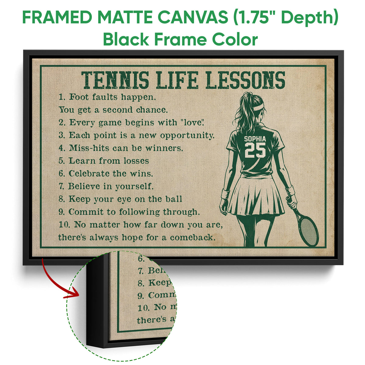 Black framed tennis canvas wall art with a vintage-inspired player illustration and motivational lessons