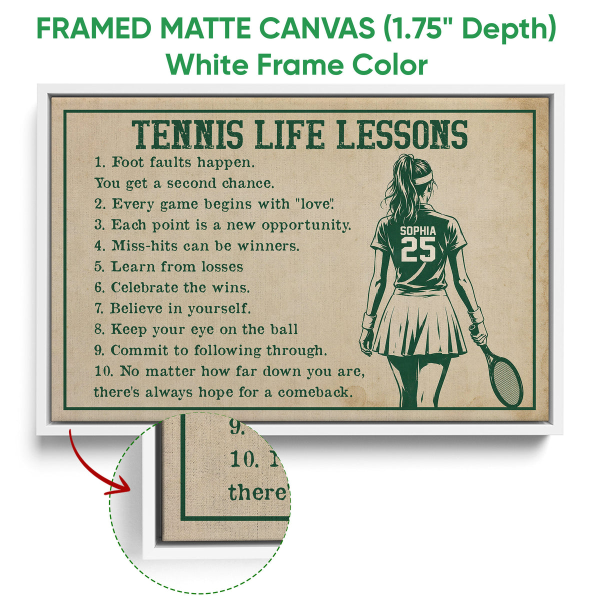 White framed tennis canvas wall art featuring a female player, racket, and green inspirational lettering