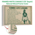 Natural wood framed tennis wall art with a female player illustration and tennis life lessons