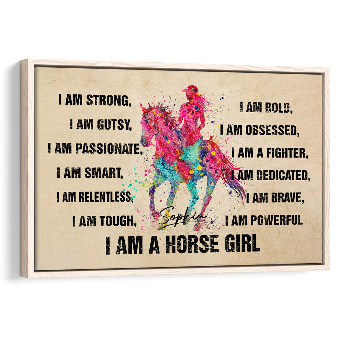 Colorful horse affirmation wall art displayed in a natural wood frame
