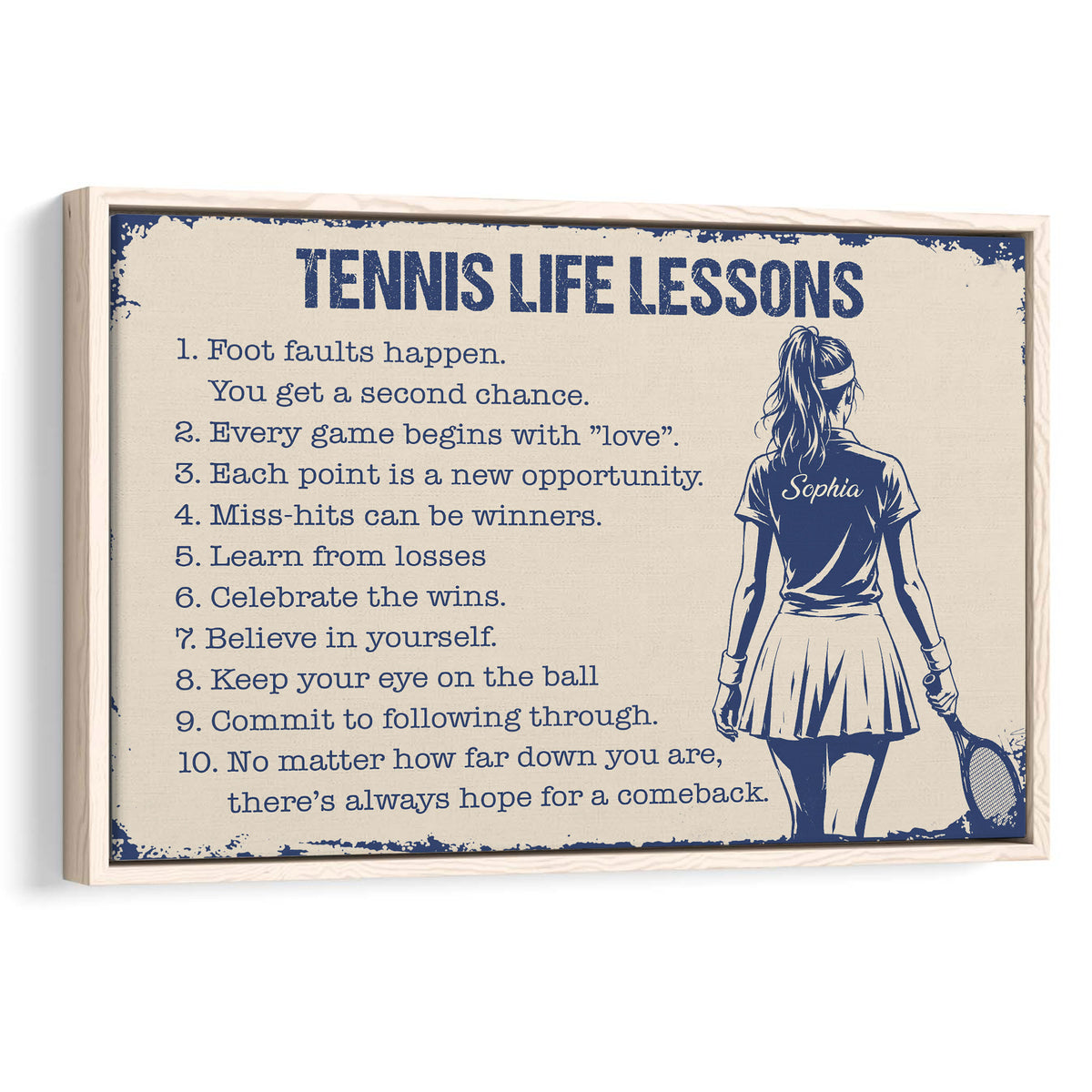 Framed tennis life lessons wall art with a blue and cream distressed design and tennis player illustration