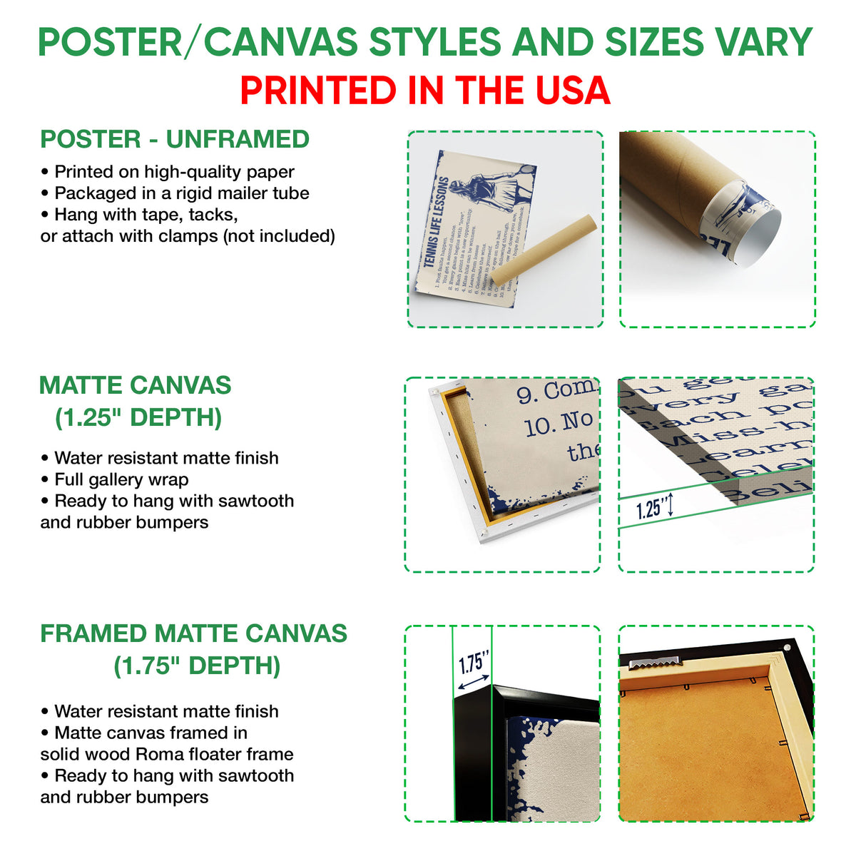 Poster and canvas format guide showing unframed poster, matte canvas, and framed canvas options