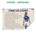 Unframed tennis poster featuring motivational life lessons, blue typography, and a tennis player illustration