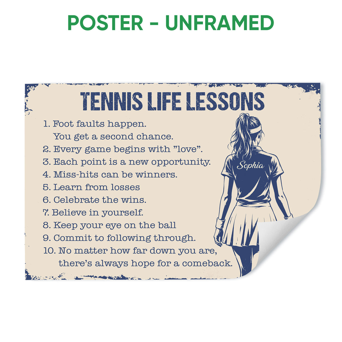 Unframed tennis poster featuring motivational life lessons, blue typography, and a tennis player illustration
