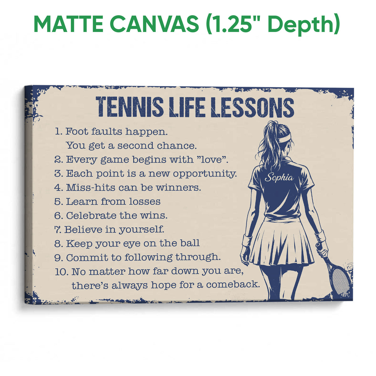 Matte canvas tennis wall art with distressed blue and cream artwork and a tennis player holding a racket