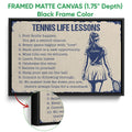 Black framed tennis life lessons canvas with motivational typography and a blue tennis player illustration