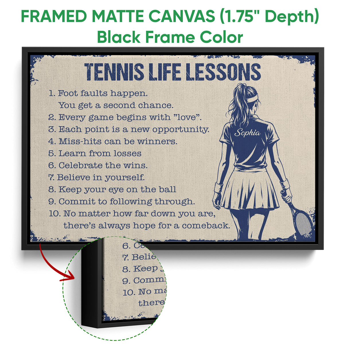 Black framed tennis life lessons canvas with motivational typography and a blue tennis player illustration