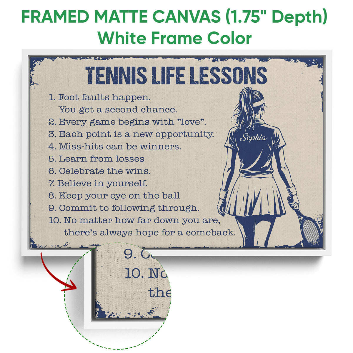 White framed tennis wall art featuring blue motivational lettering and a tennis player with a racket