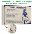 Natural wood framed tennis wall art with distressed cream and blue artwork and a tennis player illustration