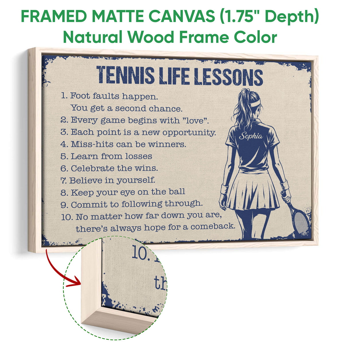 Natural wood framed tennis wall art with distressed cream and blue artwork and a tennis player illustration