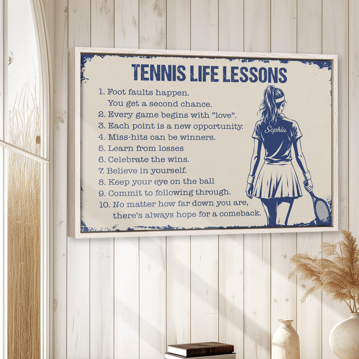 Tennis motivational wall art displayed on a light wood wall in a bright home interior