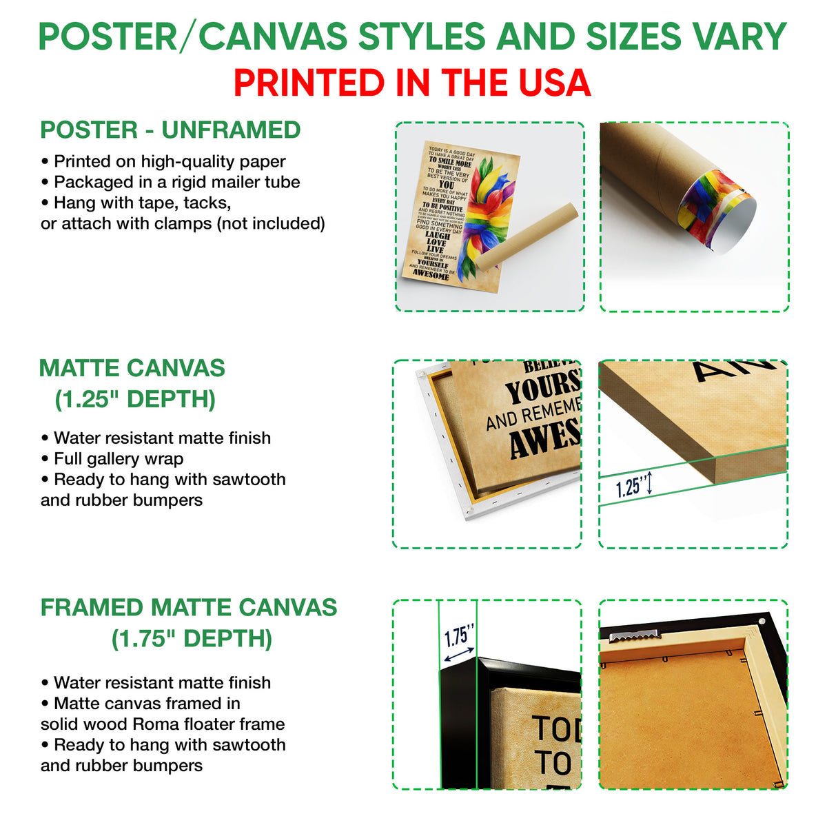 Poster or canvas wall art option guide showing unframed poster, matte canvas, and framed canvas formats