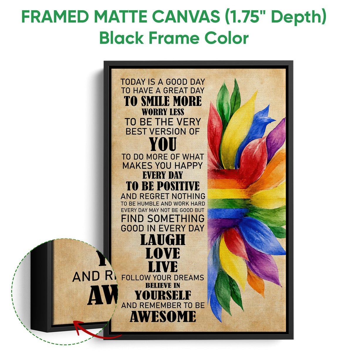 Framed LGBT canvas wall art shown with a black frame and colorful rainbow-inspired artwork
