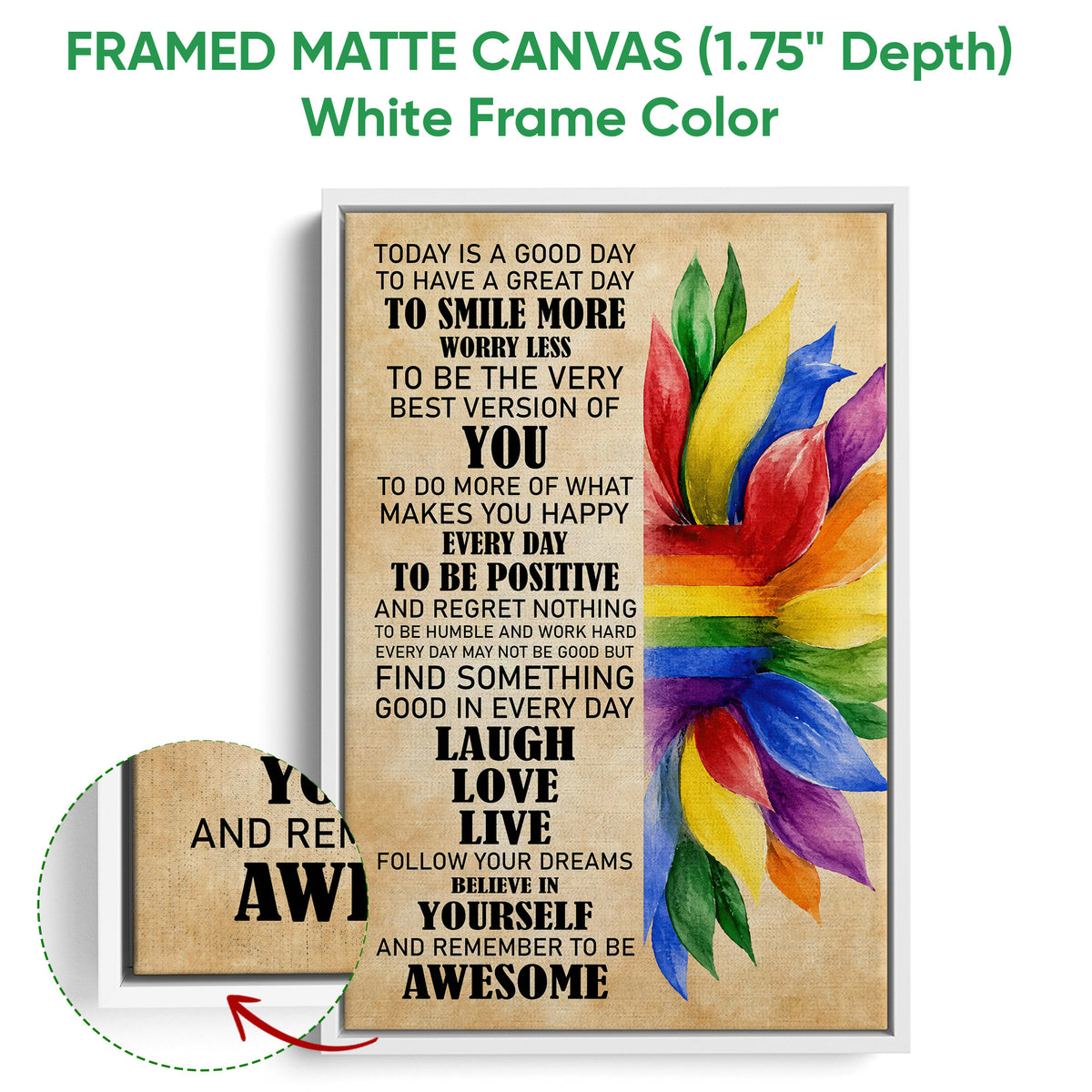 Framed LGBT canvas wall art shown with a white frame and vibrant watercolor petal design